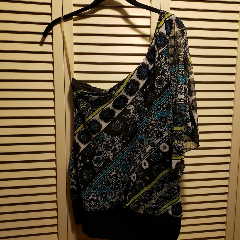 One Shoulder Blue, Green, and Black Blouse